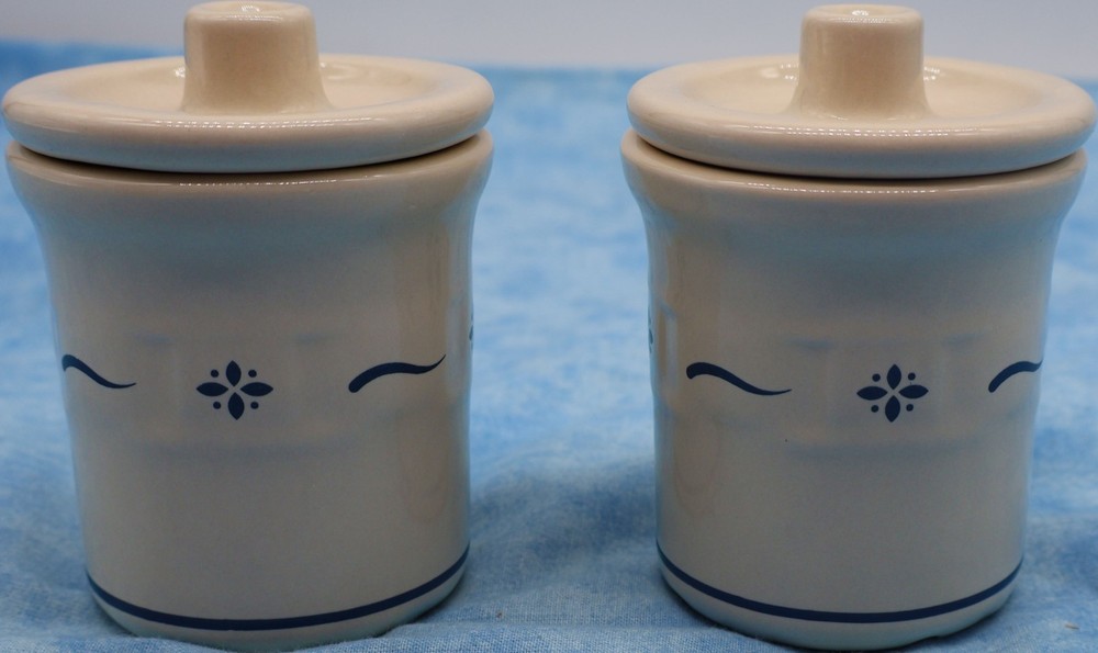 Longaberger Pottery Woven Traditions Blue Lidded Crocks Set of 2 USA
