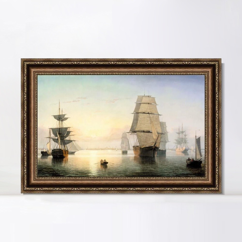 Framed Canvas Giclee Print Art Lane Boston Harbor, Sunset by Fitz Henry Lane