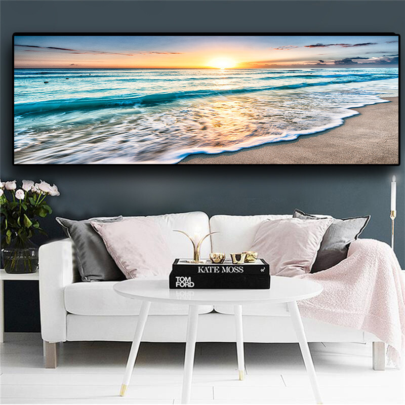 Natural Gold Beach Sunset Landscape Canvas Painting Posters and Prints Wall Art