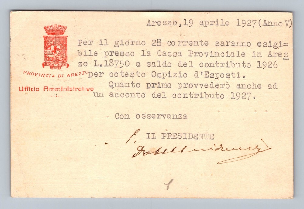 Italy- Province Of Arezzo Seal Standard Postal Old Card Vintage c1927 Postcard