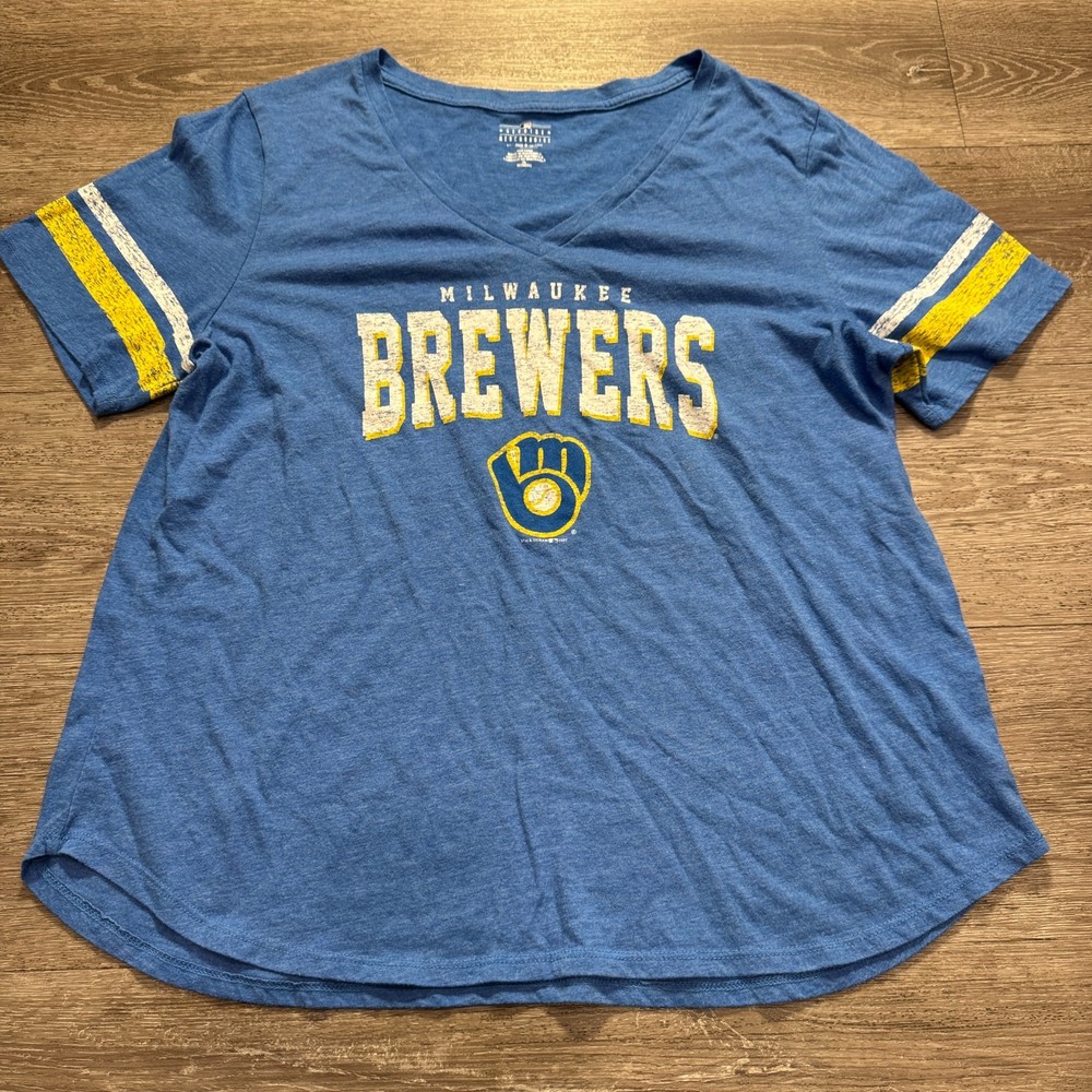Milwaukee Brewers Shirt Womens XL Blue Graphic Tee Athletic Stretch V Neck Adul