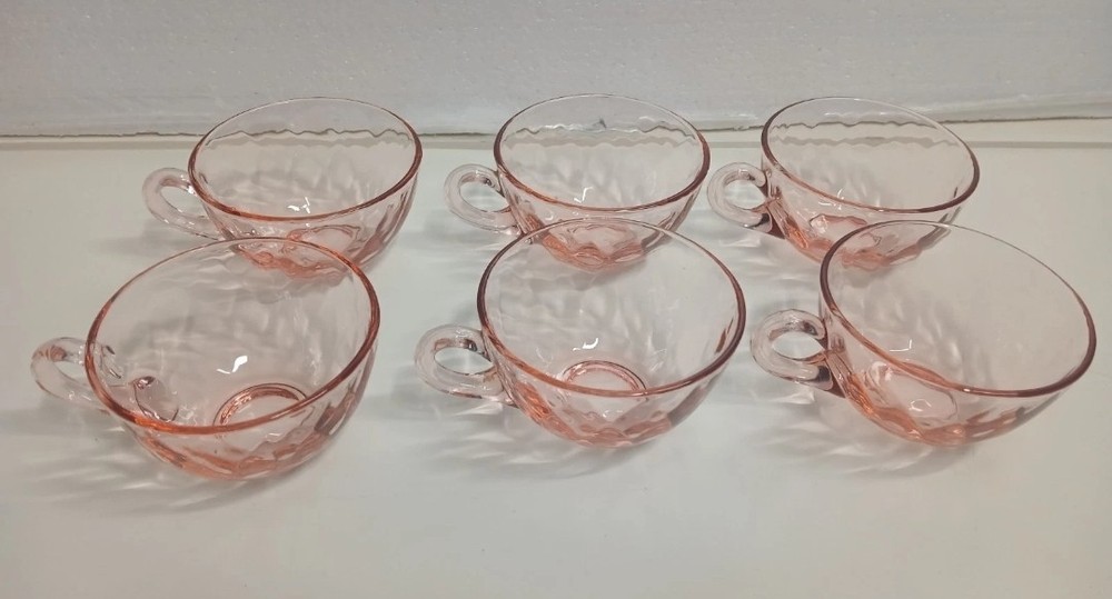 Set of 6 Heisey Flamingo Pink glass tea cups