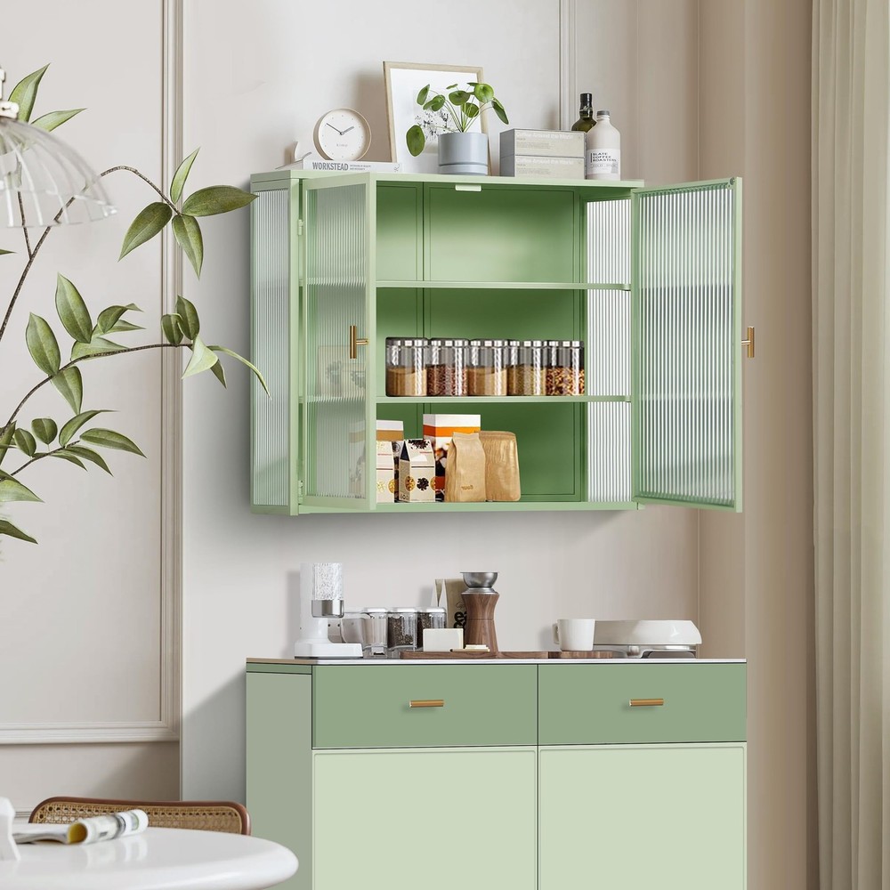 Wall Mounted Glass Cabinet, Modern Kitchen Wall Cabinet with Glass Door Metal...