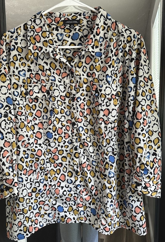Notations Women's XL Multicolor 3/4 Sleeve Button Up Shirt.
