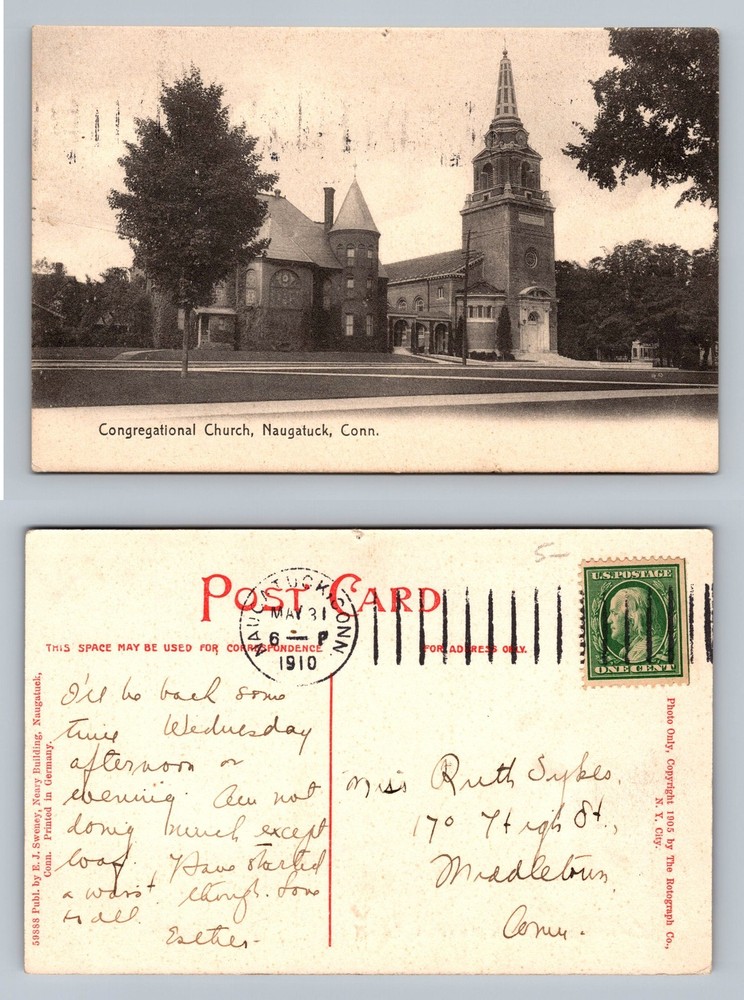 Naugatuck, CT-Connecticut, Congregational Church Scene c1910 Vintage Postcard