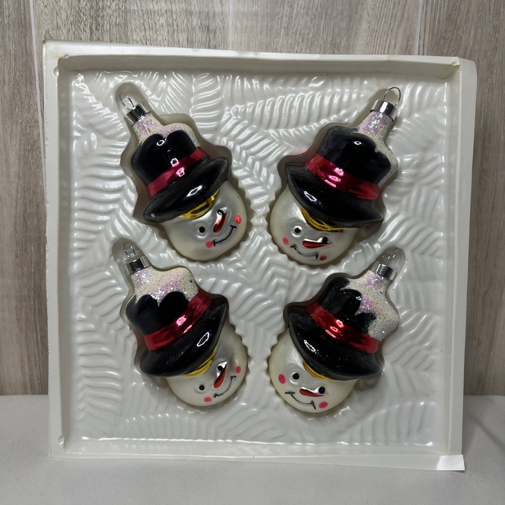 Vintage Blown Glass Christmas Hand Crafted Snowman Head Ornaments