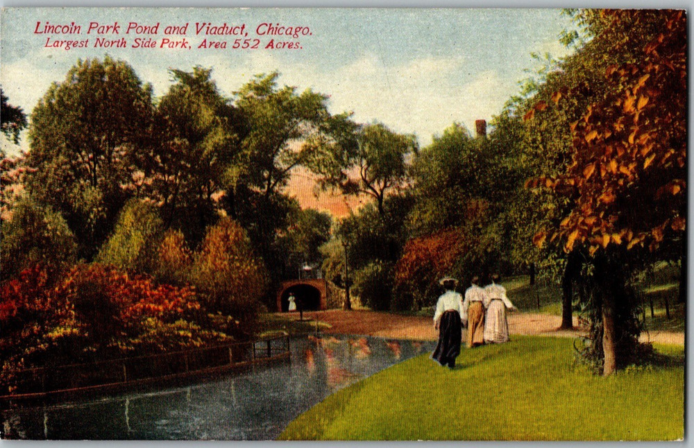 IL Chicago Lincoln Park Pond Viaduct Women Walking Franklin Postcard