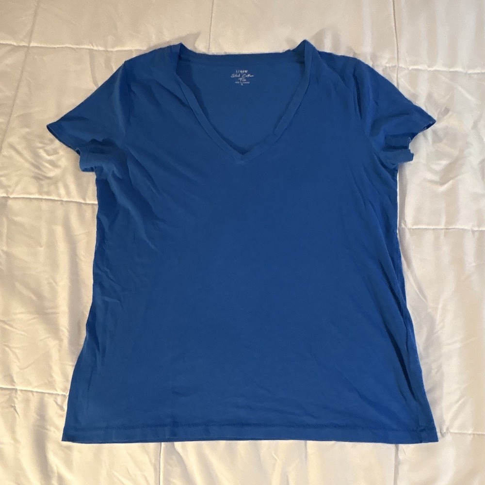 J.CREW Blue Solid V-Neck Slub Cotton Jersey Short Sleeve T-Shirt Women’s L