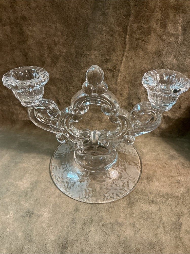 1940s Cambridge glass wildflower etched pattern keyhole double Candlestick