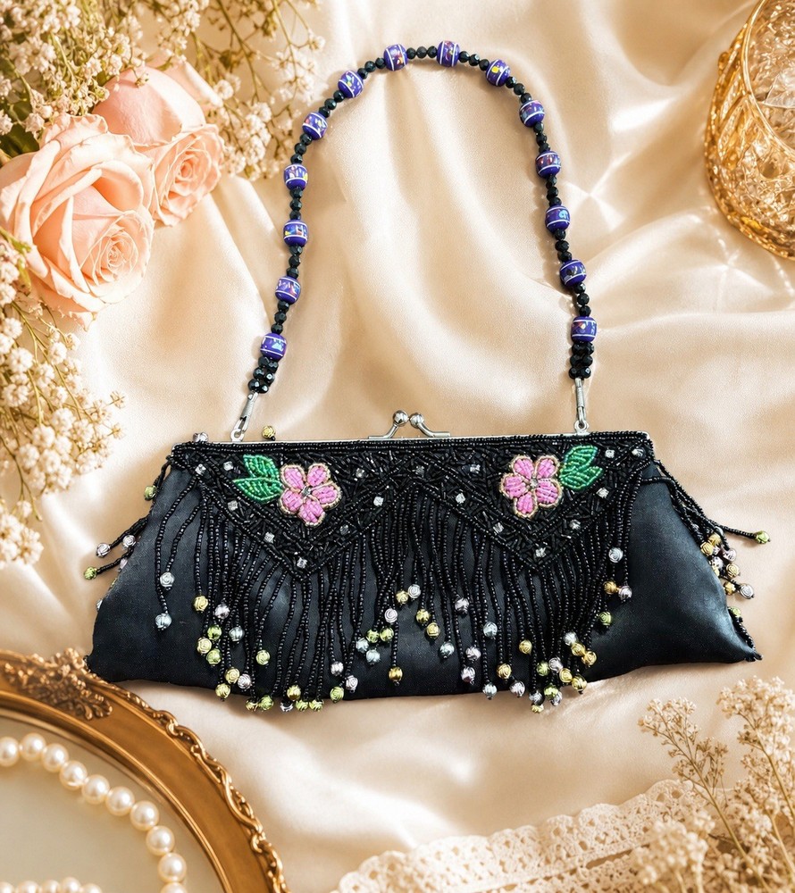 Sasha Vintage Black Beaded Satin Floral Fringe Evening Bag Clutch Purse Handmade