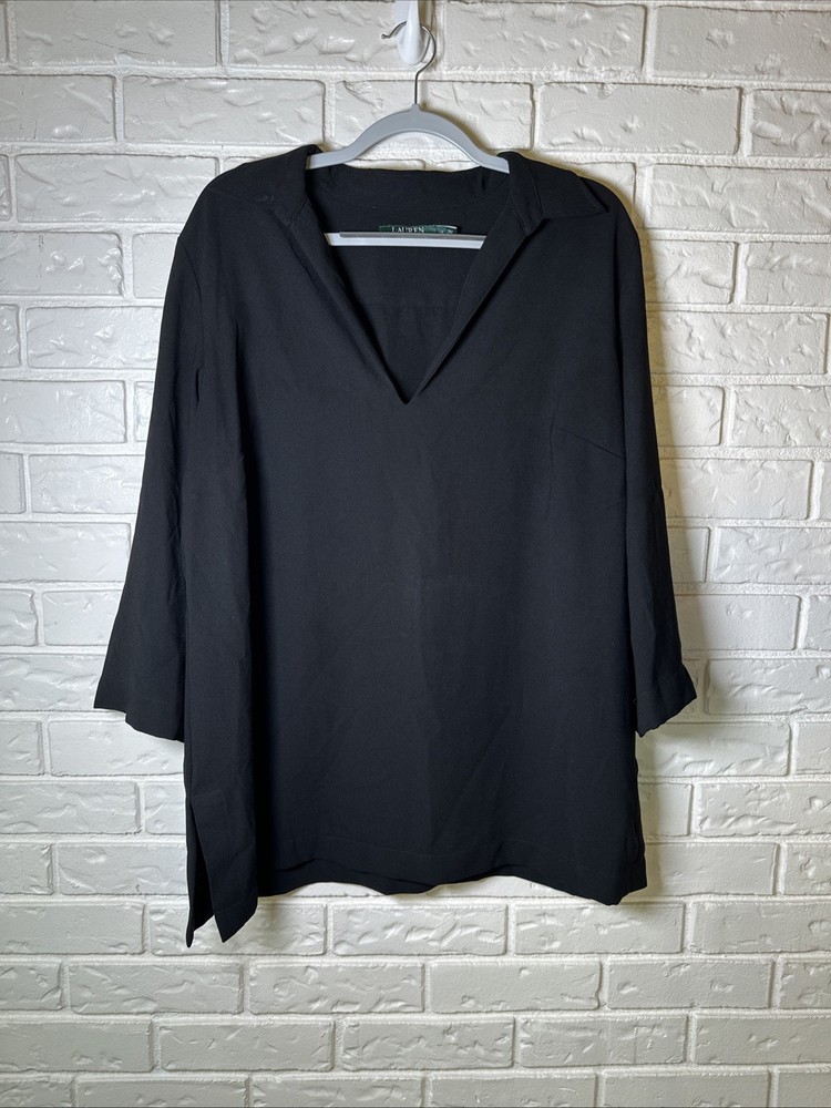 LRL Ralph Lauren Blouse Womens 1X Plus Black Split Neck Long Sleeve Casual