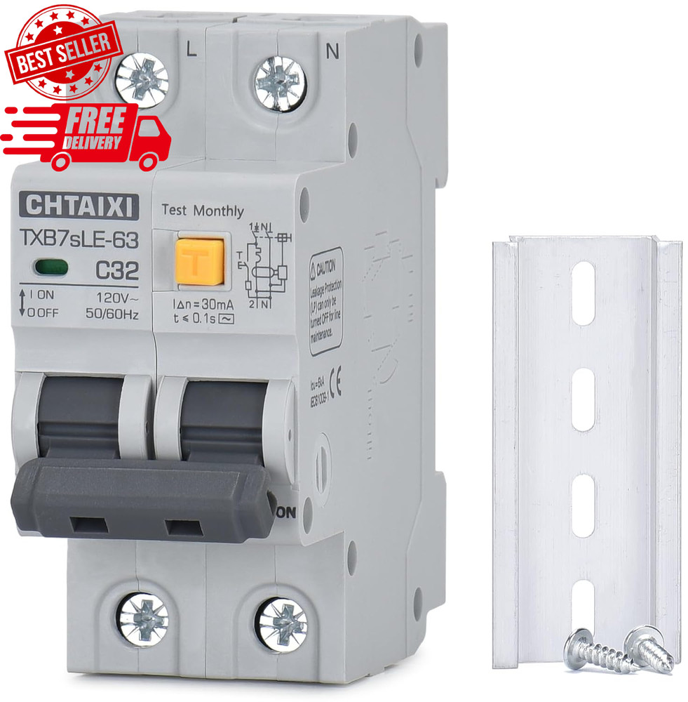Ground Fault Circuit Breaker, 32 Amp 120V AC DIN Rail Mount Residual Current Cir