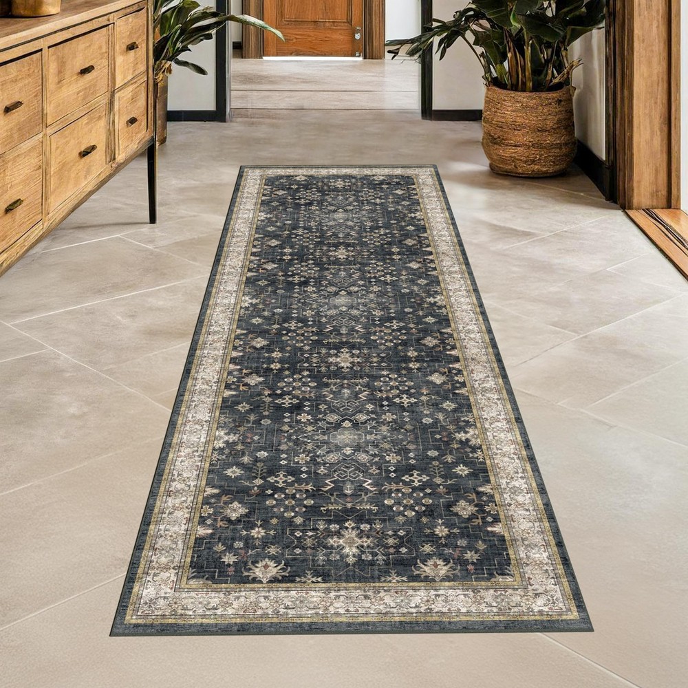 Black Boho Washable 2x6 Runner Rugs for Hallway Kitchen Bedroom Beside Laundr...