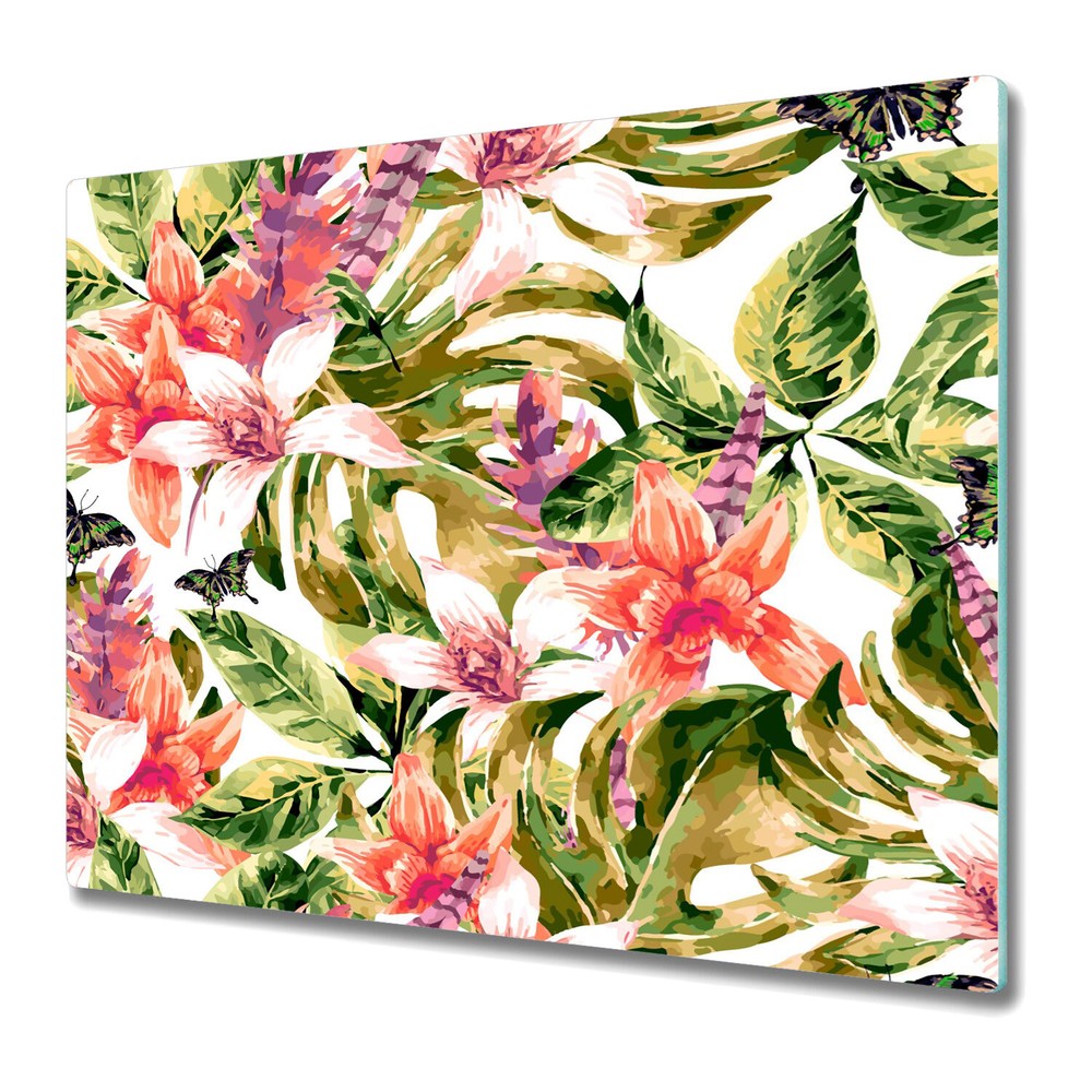Serving Chopping Cutting Board Glass Cover Colourful tropical plants 60x52