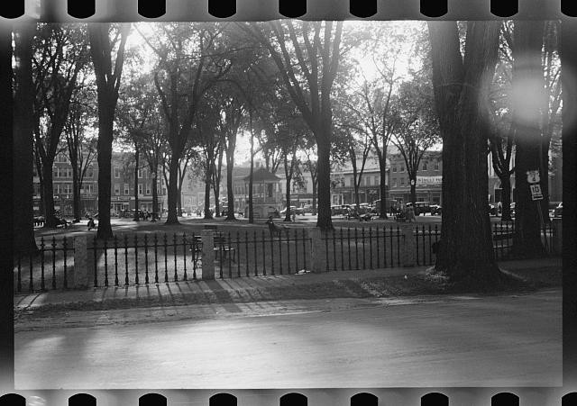 Photo:Park Square Boston MA 1930s Trees Iron Fence Street Scene