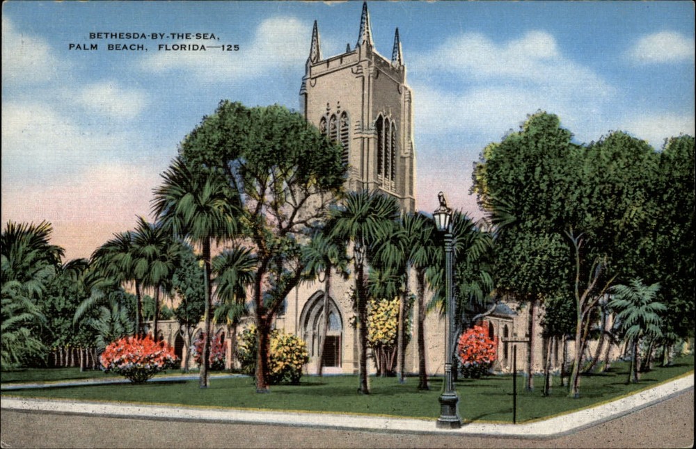 Palm Beach Florida Bethesda by the Sea bell tower ~ 1940s linen postcard