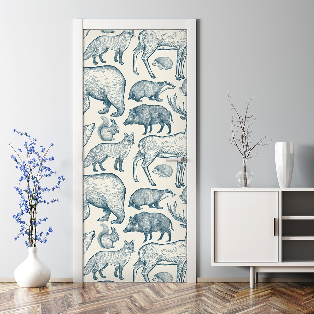 Blue and Beige Forest Animals Bubble-Free Door Sticker for Stylish Home Decor