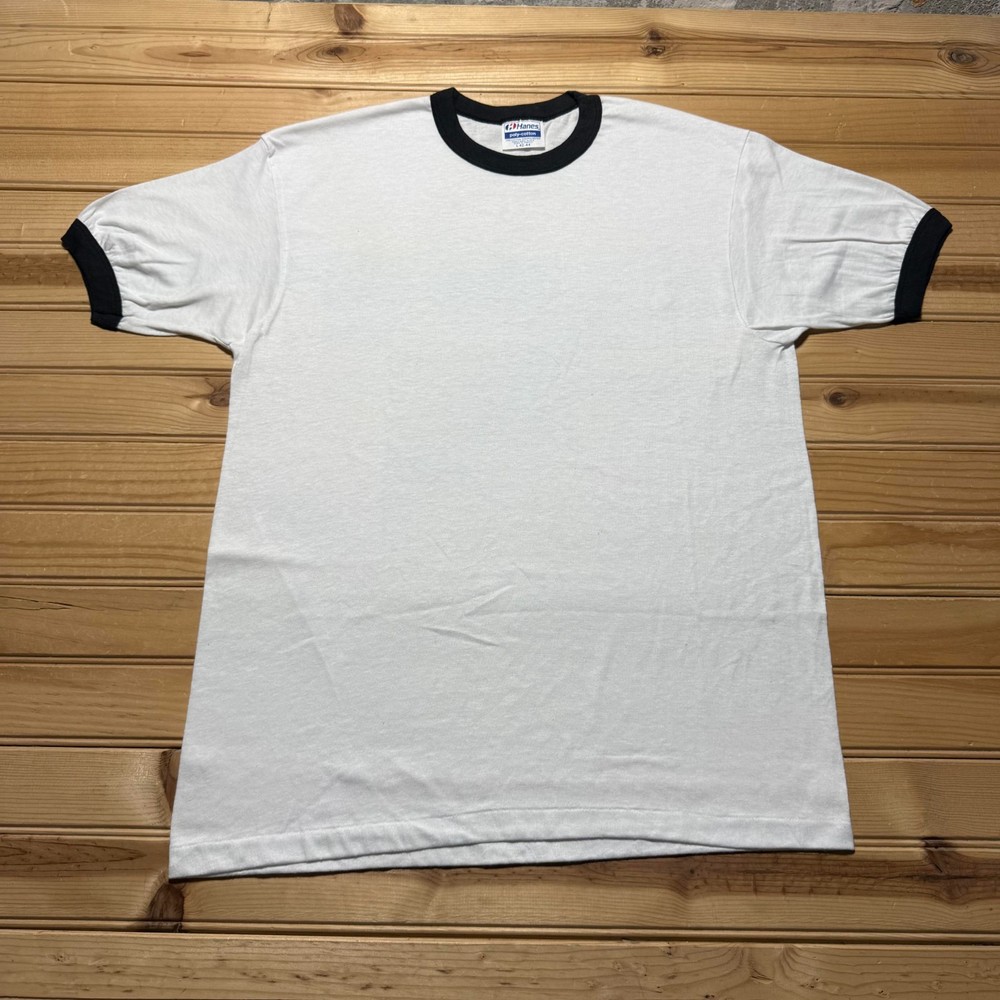 Vintage 80s Hanes Poly-Cotton Blank Streetwear Ringer T-Shirt USA Made Large