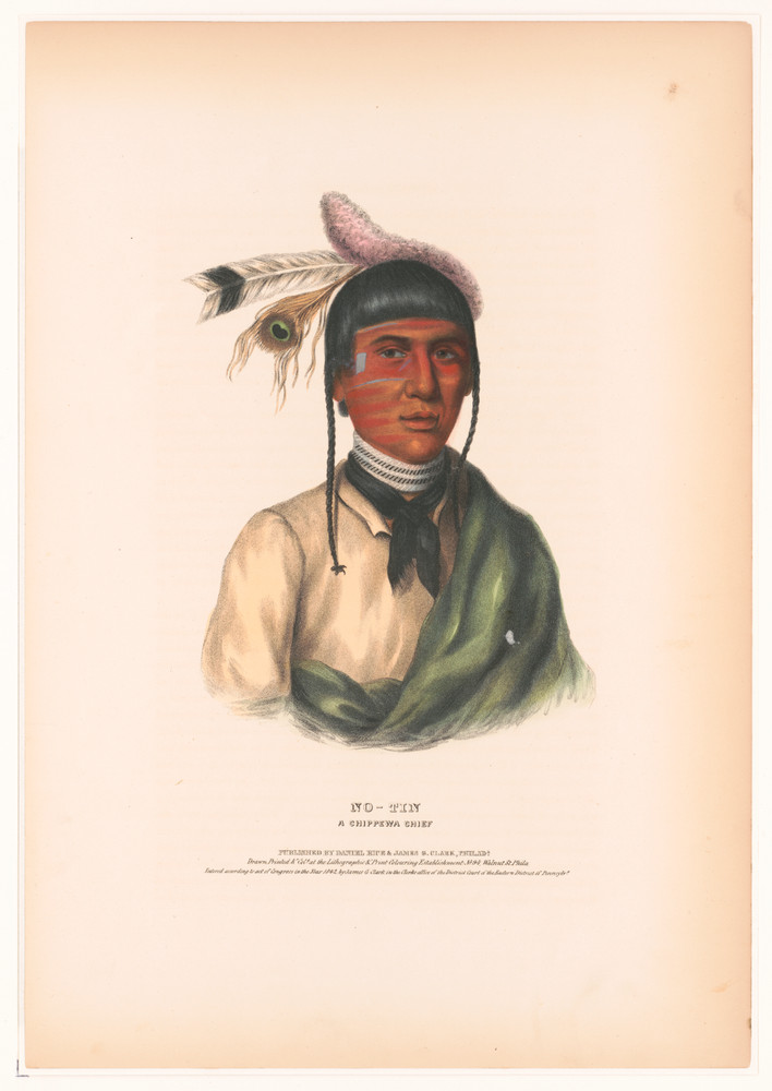 No-Tin, a Chippewa Chief - 1842 Hand-Colored Lithograph - Historic Native Americ