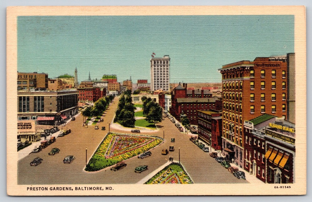 Baltimore Maryland~Preston Gardens Air View~Tower~Cars~Main St~Linen Postcard