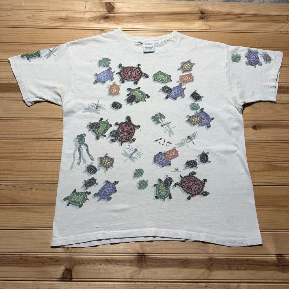Vintage 90s Frog Turtle Dragonfly Nature All Over Print Graphic T-Shirt - Large