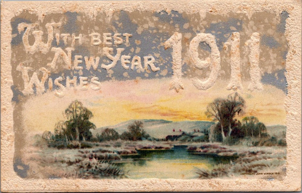 1911 New Year Wishes Embossed Glitter Postcard John Winsch New Braintree MA