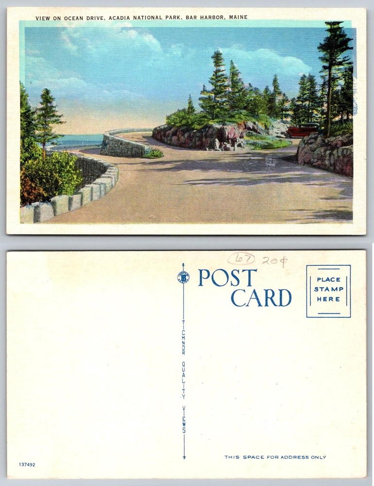 Acadia National Park Bar Harbor Maine Ocean Drive Vintage Linen Postcard-image
