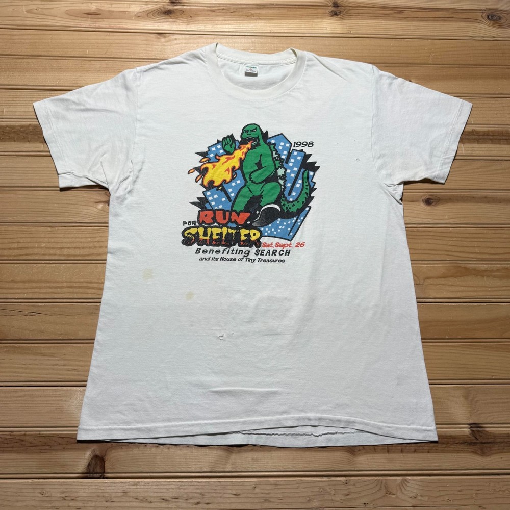 Vintage 1998 Run For Shelter Godzilla Benefiting Search Graphic T-Shirt - Large