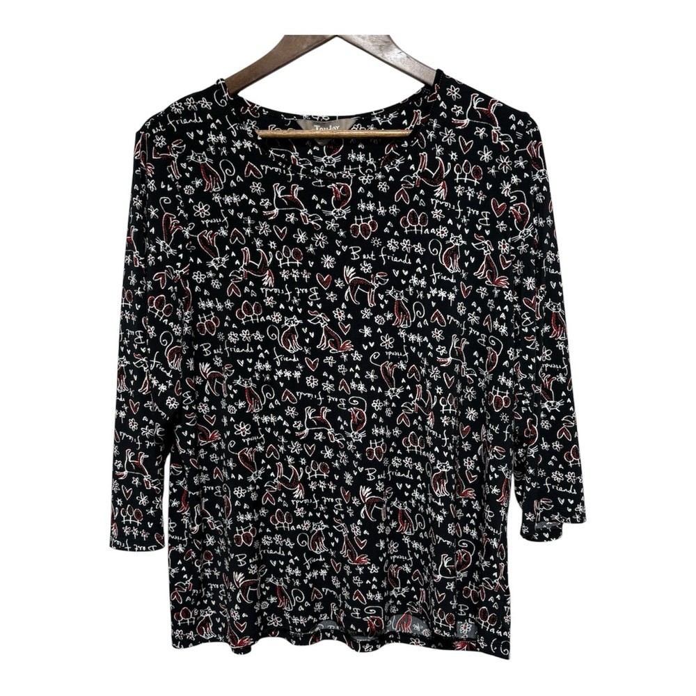 TanJay Top Womens L Black Cat Doodle Print 3/4 Sleeve Stretch Knit Casual Shirt