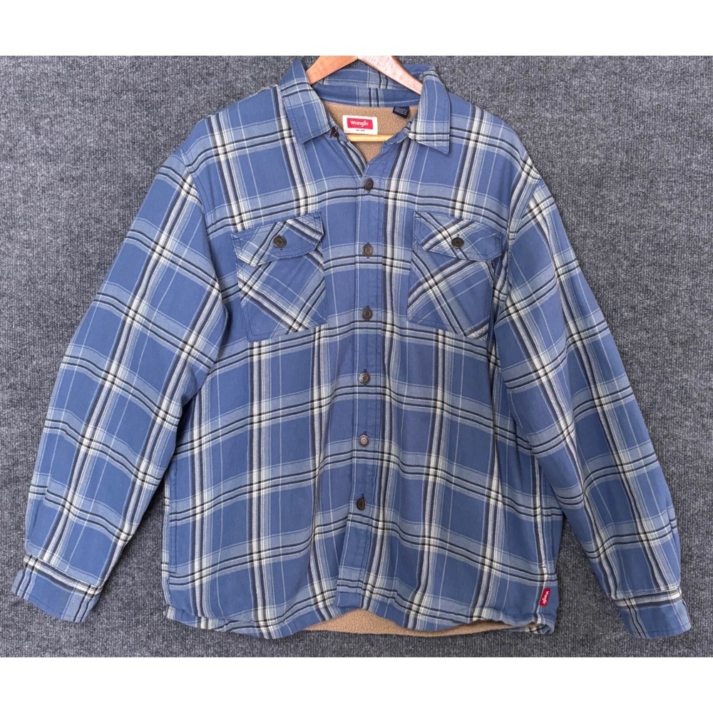 Wrangler Mens  Sherpa Lined Flannel Jacket Blue Plaid Size L