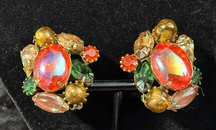 Vintage Kramer of New York Rhinestone Clip-On Earrings - Autumn Tones