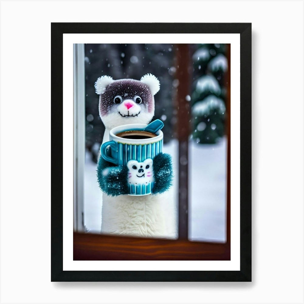 Polar Bear Holding A Cup Of Coffee  Framed Wall Art Poster Canvas Print Picture