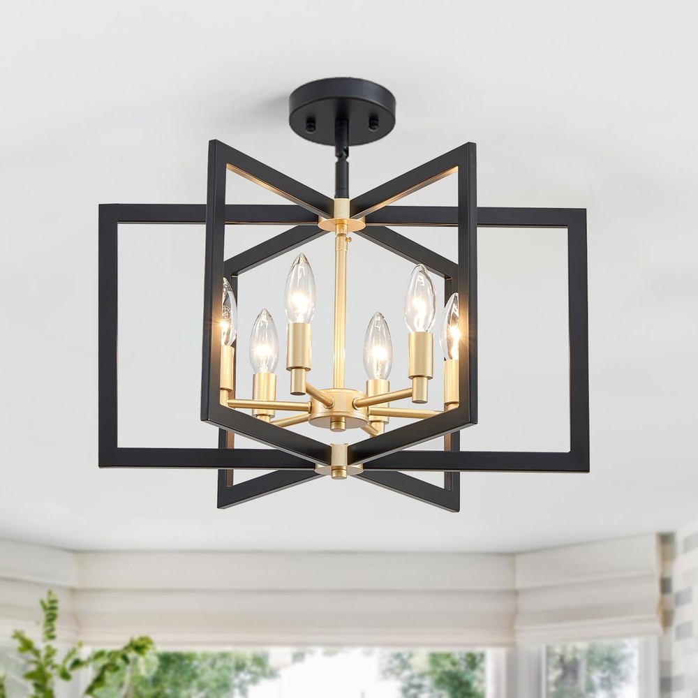 Black and Gold 6-Light Geometric Metal Chandelier for Dining Room