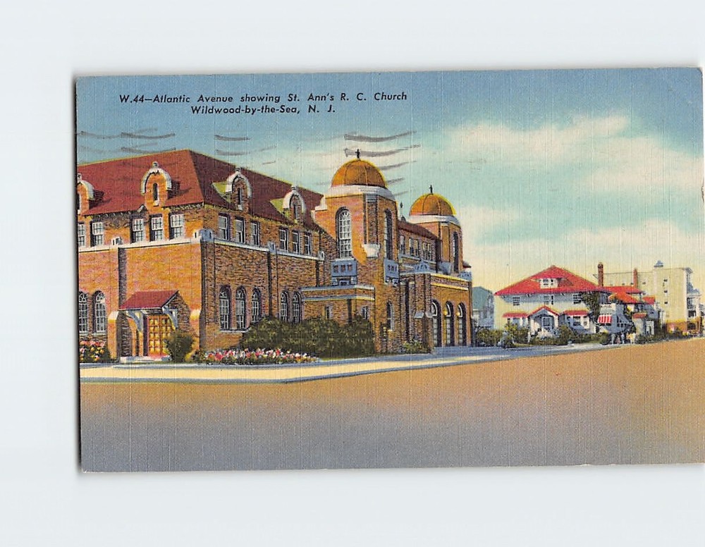 Postcard Atlantic Avenue Showing St. Ann's Roman Catholic Church Wildwood NJ