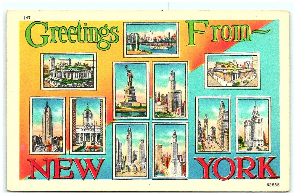 S03-6082, Greetings From New York City, 1940S Linen Large Letter Postcard