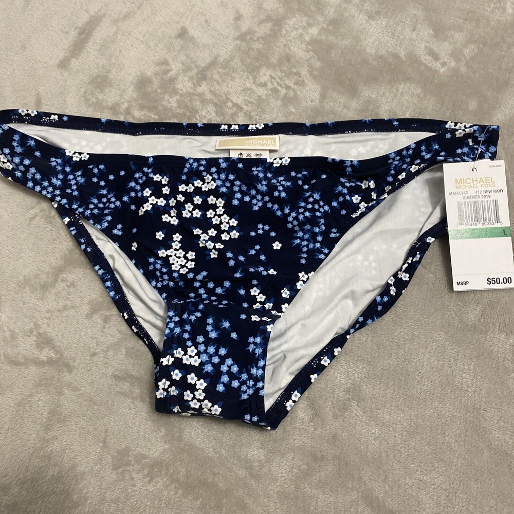 NWT Michael Kors Swimsuit Bikini Bottom Hipster New Navy Size L MRSP $50