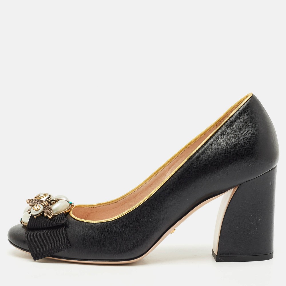 Gucci Black Gold Leather Bee Pearl Embellished Block Heel Pumps Size 37