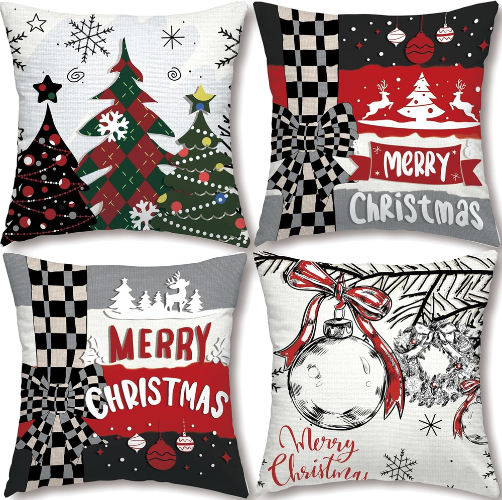 Set of 4 Christmas Pillow Covers 18x18 - Vintage Farmhouse Holiday Decor