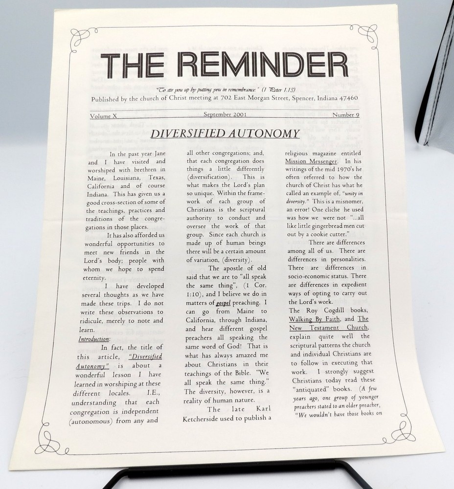 The Reminder Church of Christ Newsletter Spencer Indiana September 2001