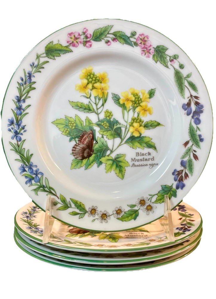 4 Vintage Royal Worcester Herbs Black Mustard Bread & Butter/Appetizer Plates