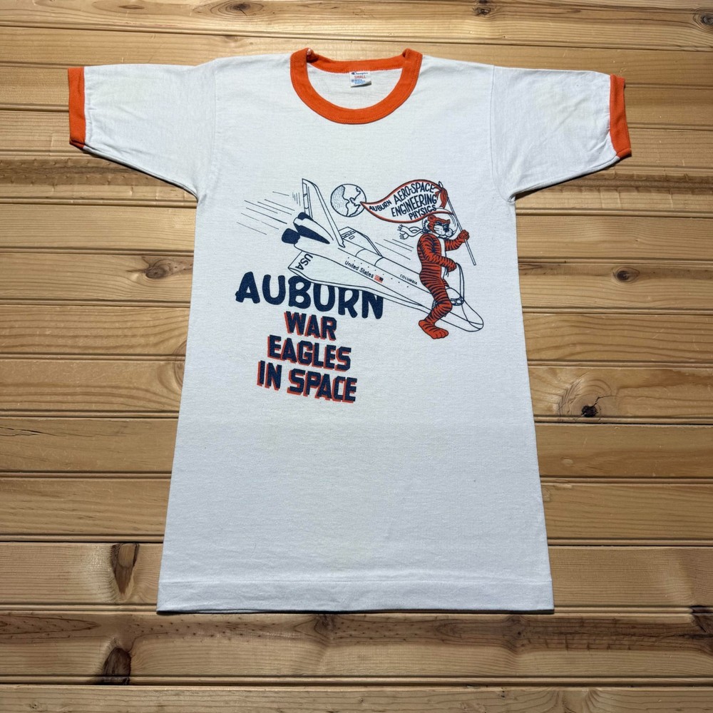 Vintage 80s Auburn War Eagles In Space Shuttle Graphic Ringer Shirt Youth Small