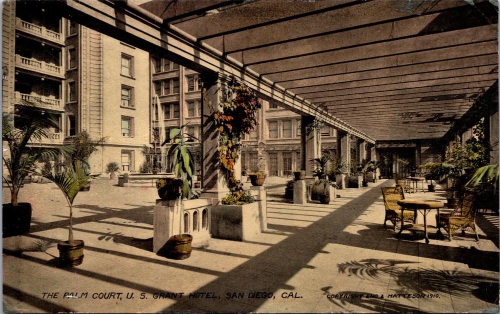 Palm Court U S Grant Hotel San Diego Antique Hand Colored Postcard