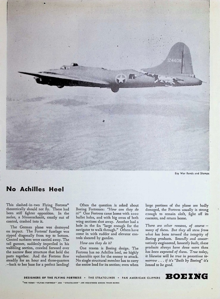 Original 1943 Vintage Print Ad: Boeing, No Achilles Heel #Fighter Plane #WWII-image