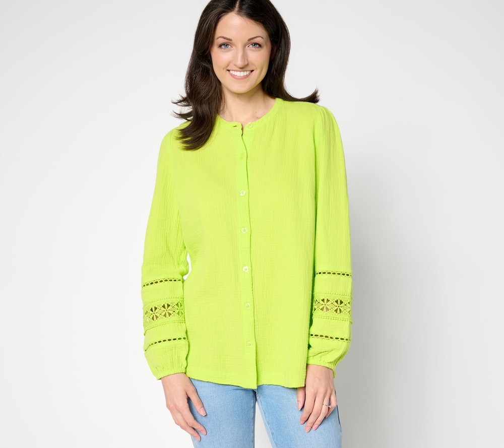 Belle by Kim Gravel Women's Top Sz M Cotton Gauze Ladder Lace Green A691547