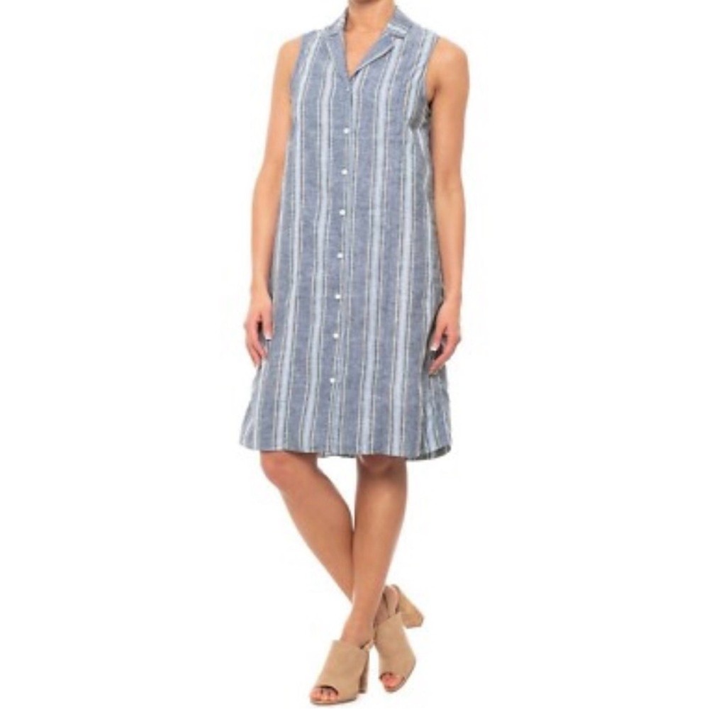 Blue & White Linen Blend Striped Sleeveless Shirt Dress Swim Coverup Size Large