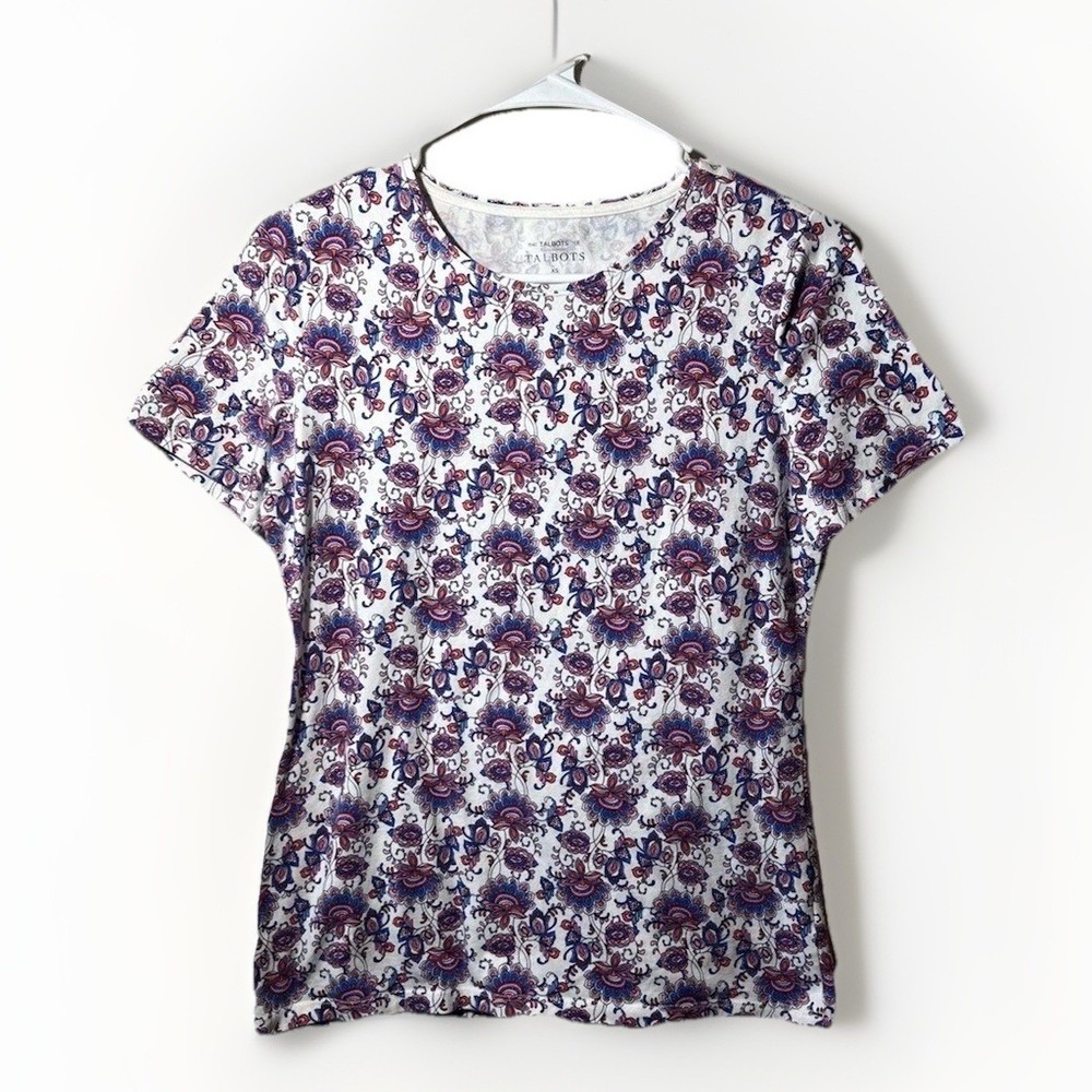 Talbots Tee Top Women XS Short Sleeve Floral Scoop Casual Stretch Preppy Career