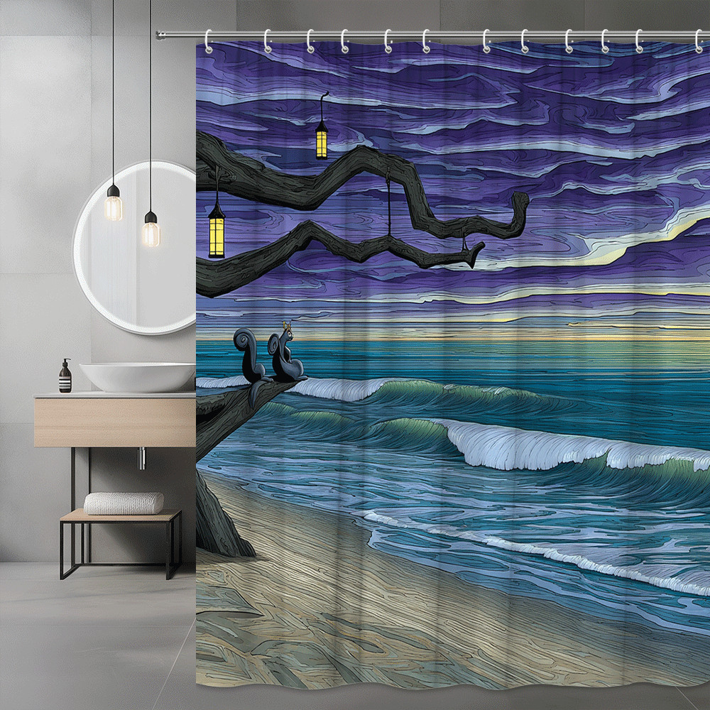 Ocean Beach Sunset Shower Curtain, Coastal Sea Landscape Print