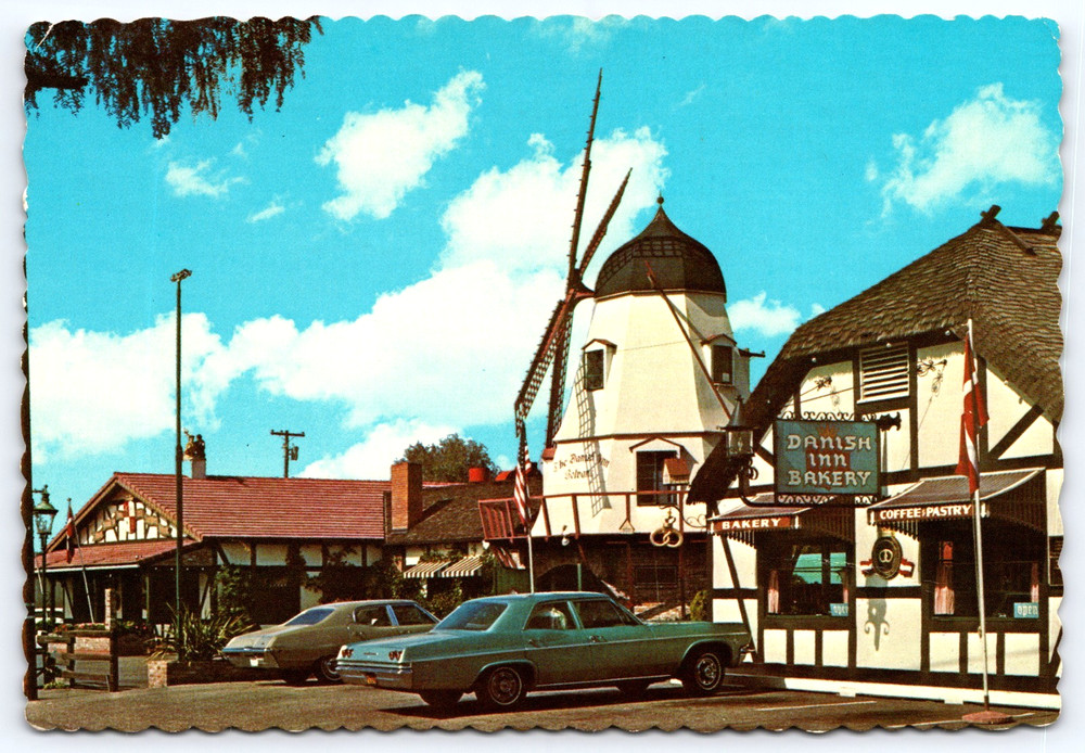 Solvang California USA Danish Inn Bakery Windmill Cars Vintage Photo Postcard