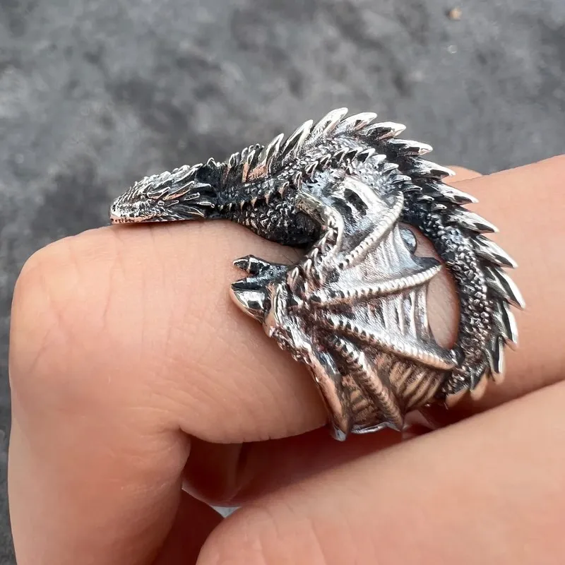 Gothic Punk Dragon Ring Adjustable Pterosaur Wings Retro Silver for Men