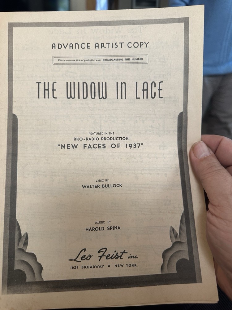 Advance Artist Musical sheet music NEW FACES OF 1937 ‘’The Widow In Lace’